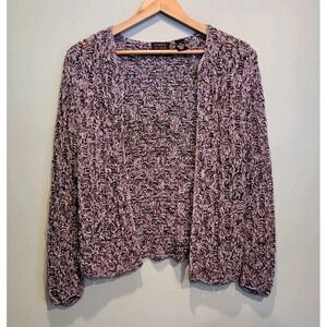 Sigrid Olsen Silk Blend Handknit Open Cardigan Sweater Black Gray Blue Sz M